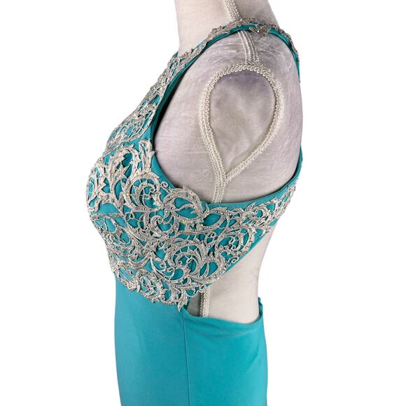 La Femme Embroidered-Bodice Prom Evening Gown Turquoise 6 Beaded - Picture 13 of 15